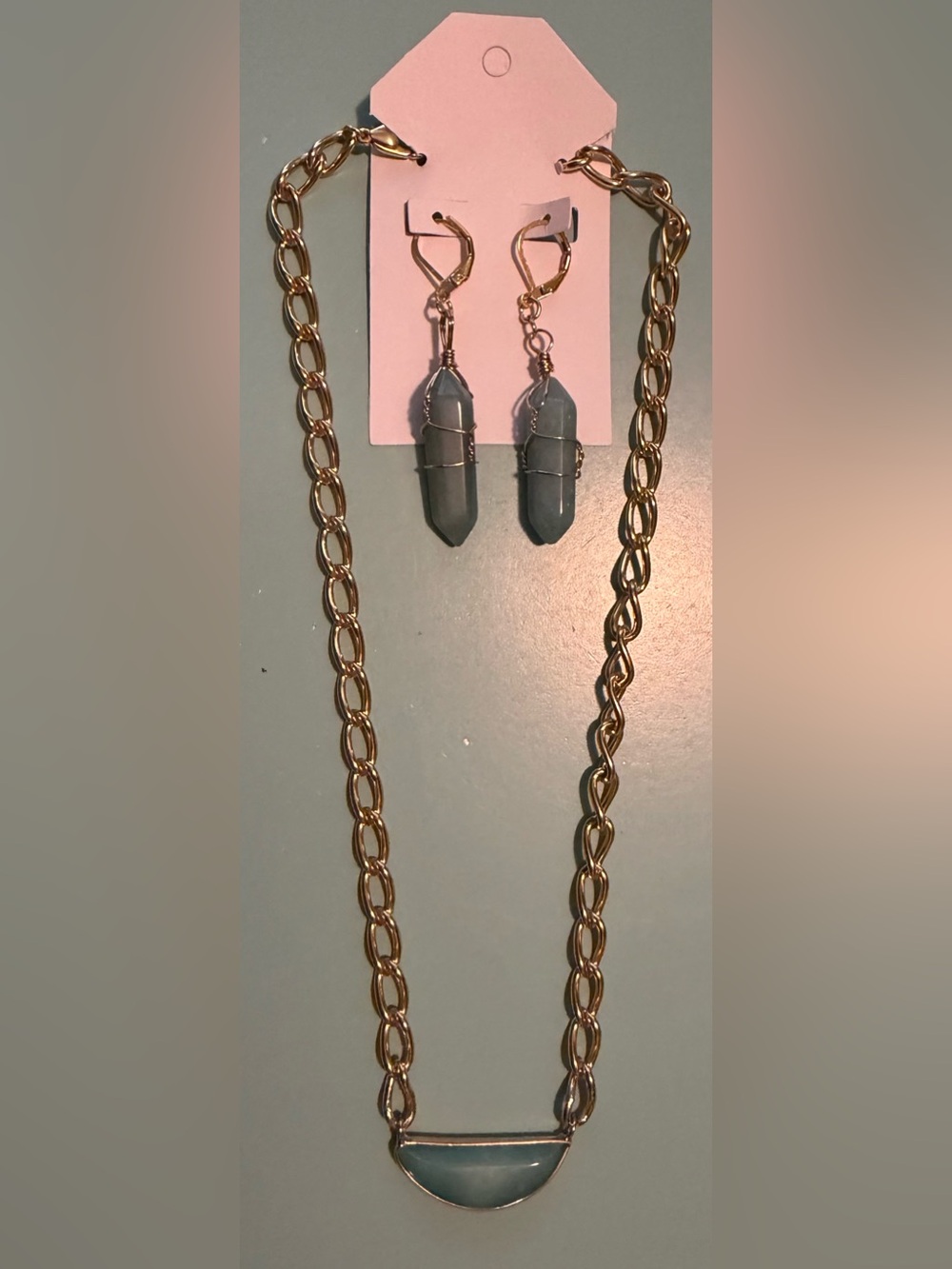 Gold-Tone Chain Necklace & Earrings Set with Real Blue Chalcedony Crystal Drops